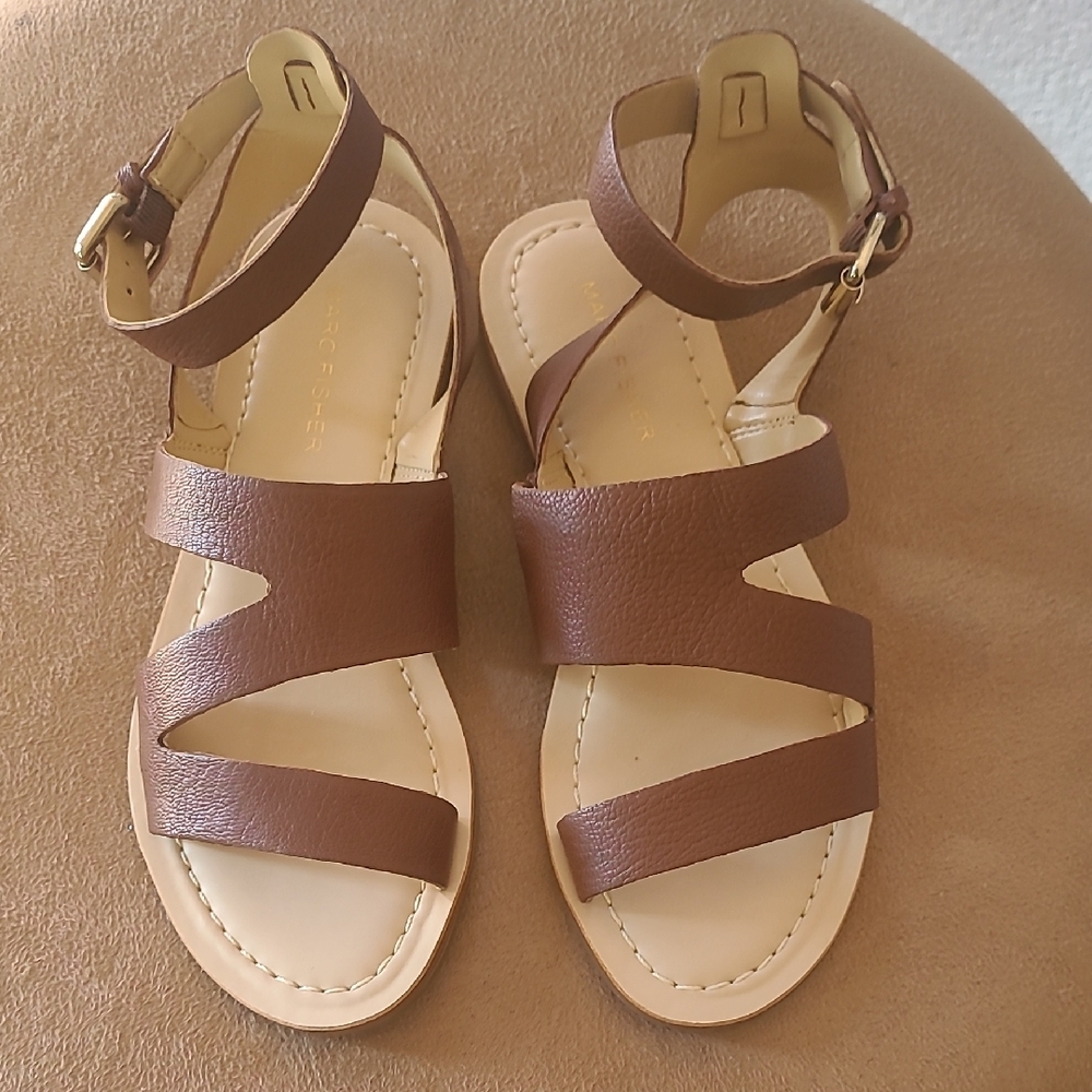 Marc Fisher tan soft leather sandals, ankle strap, very nice for casual wear
